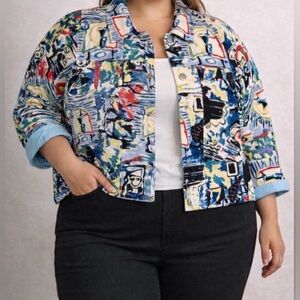 VTG 90s Kaktus Abstract Wearable Art Picasso Linen Blend Blazer Jacket size‎ 2X
